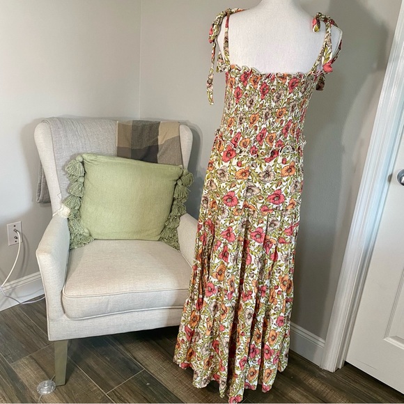 Abel the Label Floral Print Smocked Shoulder Tie Tiered Maxi Dress - Size M - Picture 3 of 7